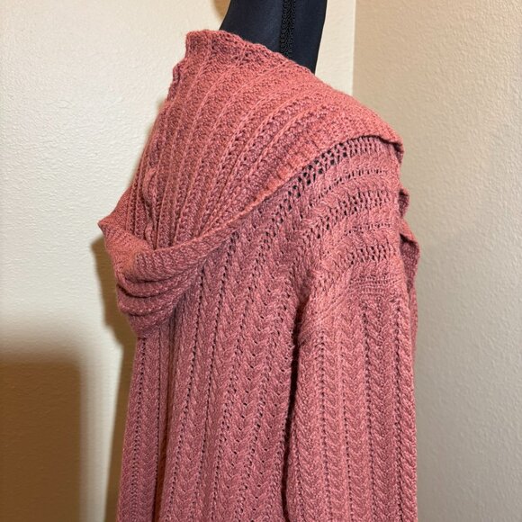 Pink Rose Orange Rust Open Front Hooded Sweater Duster Cardigan - Picture 9 of 10